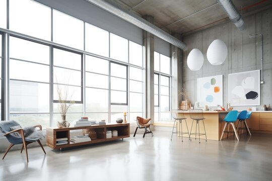 loft space with large industrial windows, concrete floor