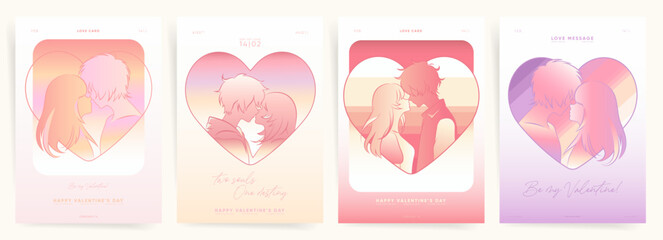 Valentine's Day Love Posters Backgrounds. Romantic Anime Designs with Gradient Hearts - Trendy Y2K and Retro Aesthetic for Vintage Style Flyers and Banners.