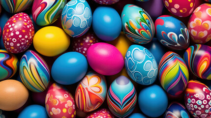 Fototapeta na wymiar Top view of colorful decorated easter eggs. Easter celebration concept