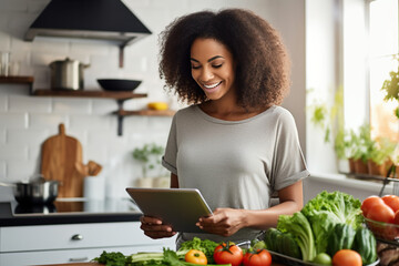 Happy millennial African American girl enjoying cooking salad from fresh vegetables in kitchen, using digital tablet pad, consulting recipe, healthy food blog - obrazy, fototapety, plakaty