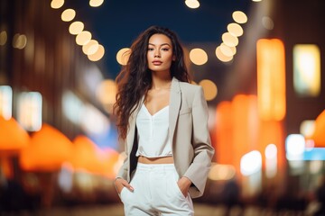 night shoot with model in neonlit city square