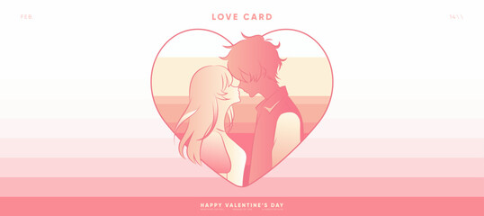 Retro Valentine's Day Love Background with Anime Couple in Heart Symbol. Gradation Red, Yellow, Pink Colors.