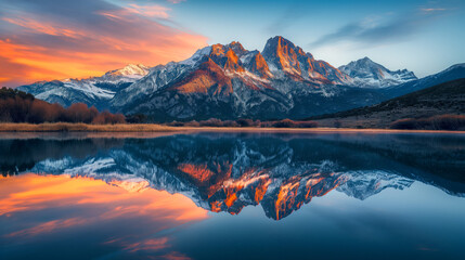 Fototapeta na wymiar Majestic Peaks Mirrored in Calm Lake at Sunset
