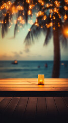 Wooden table ocean bokeh background, empty wood desk surface product display mockup with blurry sea water sunny beach abstract summer travel backdrop advertising presentation. Mock up, copy space.