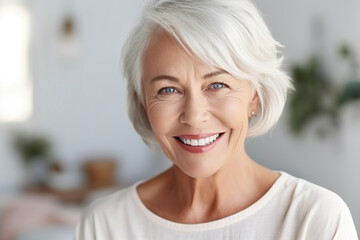 Happy senior blond old woman looking at camera with beautiful toothy smile. Close up front head...