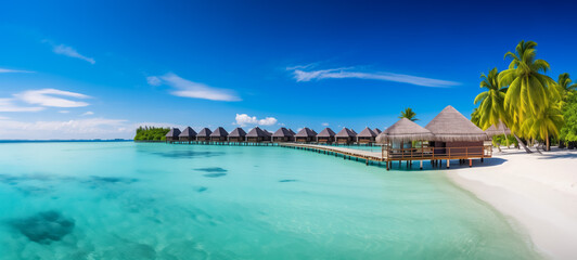 Tropical overwater bungalows on serene blue sea
