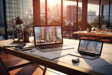 Office with modern devices and hand drawn project presentation 3D rendering