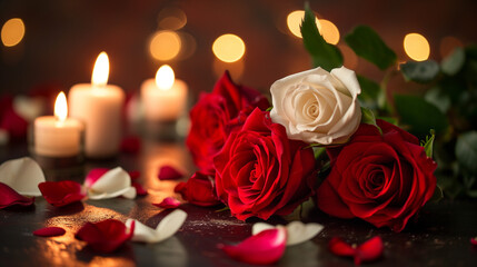 Valentine day, white and red roses laying next candles in soft candle light. 