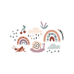 Rainbow snails in the rain. Summer vector set in earthy trending colors. Hand-drawn naive illustrations in a simple Scandinavian style with a limited palette. Isolate on white background