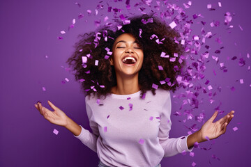 Energetic active African American lady dancing moving on holiday with flying confetti isolated on violet color background