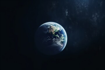 Obraz premium This stunning image captures the Earth as seen from outer space, enveloped in the darkness of the cosmos. Bathed in a subtle glow, our planet appears serene and beautiful against the backdrop of the