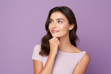 Fototapeta premium Cute lady thinking about her inspiration touch chin looking mockup choosing product option isolated on purple color background