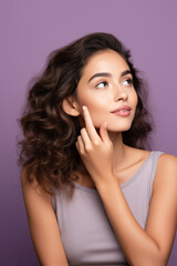 Fototapeta premium Cute lady thinking about her inspiration touch chin looking mockup choosing product option isolated on purple color background