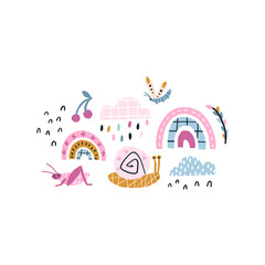 Rainbow snails in the rain. Summer vector set in colorful trending colors. Hand-drawn childish naive illustrations in a simple Scandinavian style in a limited palette. Isolate on white background