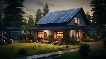 A serene eco-friendly home equipped with solar panels on the roof, nestled among tall trees, captured during the tranquil hours of dusk.