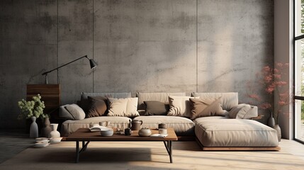 Contemporary living room interior featuring a plush sofa set against a raw concrete wall, accented by natural light and delicate decor.