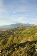 The panorama of Etna from Taormina, Sicily, Italy