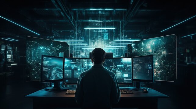 A cybersecurity expert intently observes multiple screens displaying advanced network activity and data flow in a high-tech surveillance room.