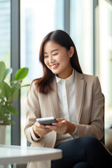 Young busy happy Asian business woman manager using mobile cell phone tech in office