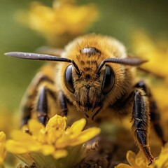 Macro photo of a bee on a yellow flower