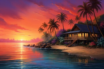 Beautiful sunset painting with boats, rivers, houses and trees.