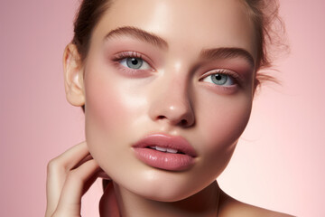 Fototapeta premium Pure Beauty: A Clean and Natural Portrait of a Young Caucasian Woman with Flawless Skin and Healthy Hair, Radiating Freshness and Attractiveness in a Stylish Pink Background.