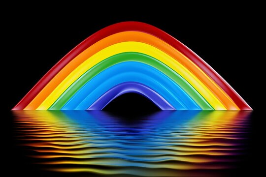 This image features a digitally created, perfectly arched rainbow with vivid colors reflecting on a serene water surface against a black background. The reflection has a ripple effect, giving the