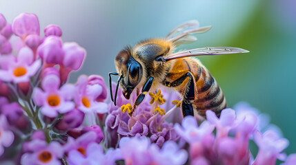 A honey bee collects pollen and nectar on a peach blossom. Selective focus. Macro. generative ai