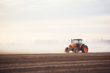 Obraz premium tractor idle in field with fog rising around