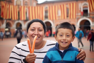 mother and son with churros in a plaza