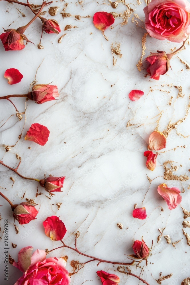 Poster a beautiful display of pink roses arranged on a marble table. perfect for adding a touch of elegance