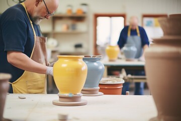ceramic artist glazing pots in a studio