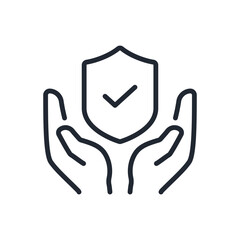 Hands holding a shield editable stroke outline icon isolated on white background flat vector illustration. Pixel perfect. 64 x 64.