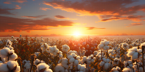 Cotton field at sunset. Beautiful natural landscape with cotton flowers,  - obrazy, fototapety, plakaty