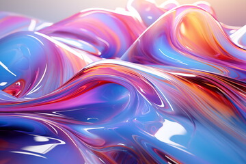 Abstract fluid 3d holographic iridescent neon glow curved wave in motion dark background. Gradient design for banners, backgrounds, wallpapers and covers. Generated AI