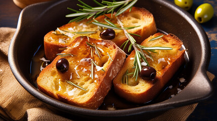 Form with slices of ciabatta with ciabatta, olives, rosemary, and salt and in olive oil, handmade design, rustic, unusual presentation, Italian cuisine. - obrazy, fototapety, plakaty