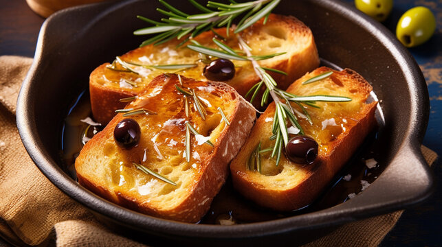 Form with slices of ciabatta with ciabatta, olives, rosemary, and salt and in olive oil, handmade design, rustic, unusual presentation, Italian cuisine.