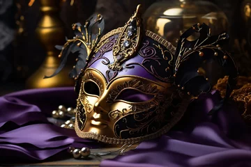 Gardinen masks on the background of confetti and streamers , Venetian carnival mask with orange decorative ornaments © Farjana CF- 2969560