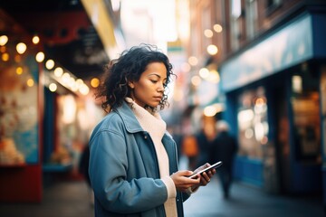 woman using smartphone navigation on city street