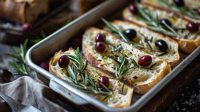Form with slices of ciabatta with ciabatta, olives, rosemary, and salt and in olive oil, handmade design, rustic, unusual presentation, Italian cuisine.