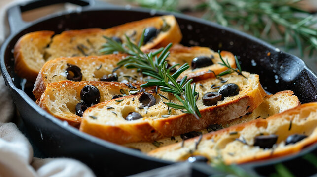 Form with slices of ciabatta with ciabatta, olives, rosemary, and salt and in olive oil, handmade design, rustic, unusual presentation, Italian cuisine.