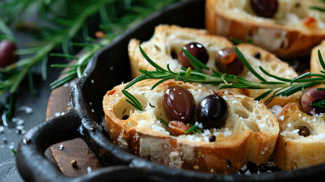 Form with slices of ciabatta with ciabatta, olives, rosemary, and salt and in olive oil, handmade design, rustic, unusual presentation, Italian cuisine.