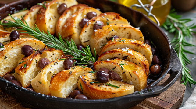 Form with slices of ciabatta with ciabatta, olives, rosemary, and salt and in olive oil, handmade design, rustic, unusual presentation, Italian cuisine.