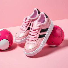 cute llittle pink futball shoes on a soft pink background , futball girl shoes 