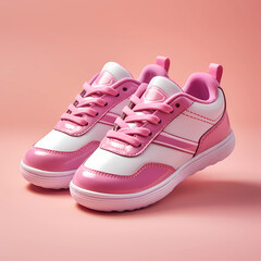 cute llittle pink shoes on a soft pink background , girl shoes 