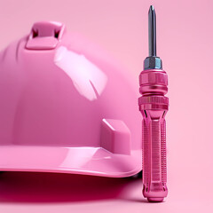 pink screwdriver next to a pink constructor helmet, on soft background
