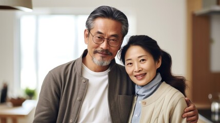 Obraz premium A couple in their middle years, finding joy in each other's embrace within the comfort of home.