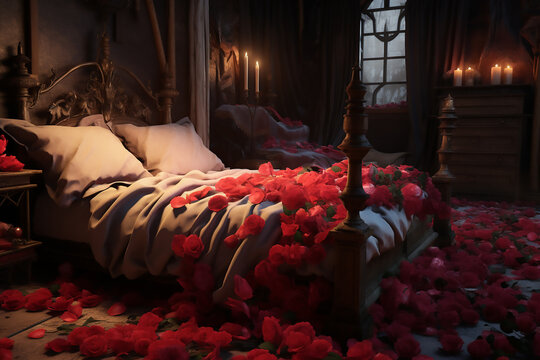 Rose petals on bed ,cozy still life of breakfast in bed for St. Valentine's Day. Coffee and cookie on a salver and red roses with his scattered petals on a bed with two pillows 