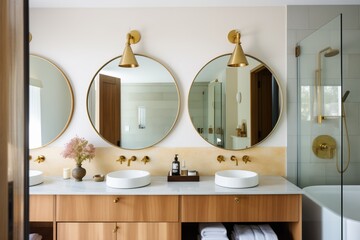 goldtrimmed bathroom with mirror and sink