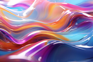 Abstract fluid 3d holographic iridescent neon glow curved wave in motion dark background. Gradient design for banners, backgrounds, wallpapers and covers. Generated AI